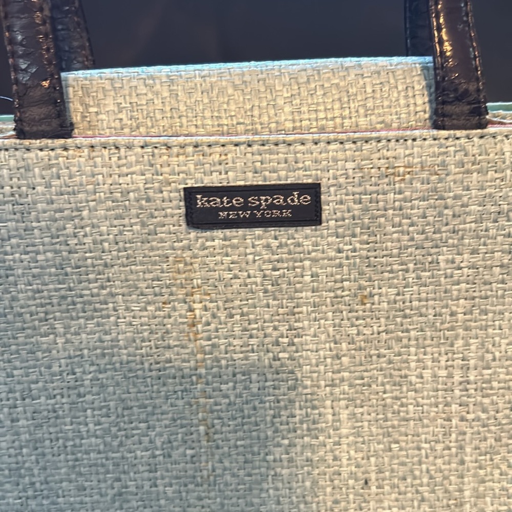 Vintage Kate Spade Teal Woven bag,  black leather handles magnet closure zipper